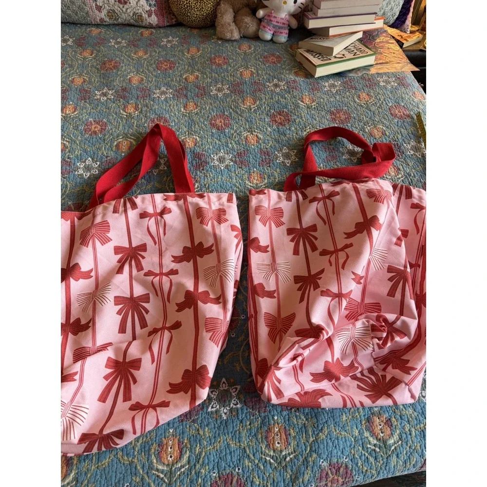 2 Pink Red Bow Print Tote Bag Canvas Large Shoulder Bag Preppy Coquette‎